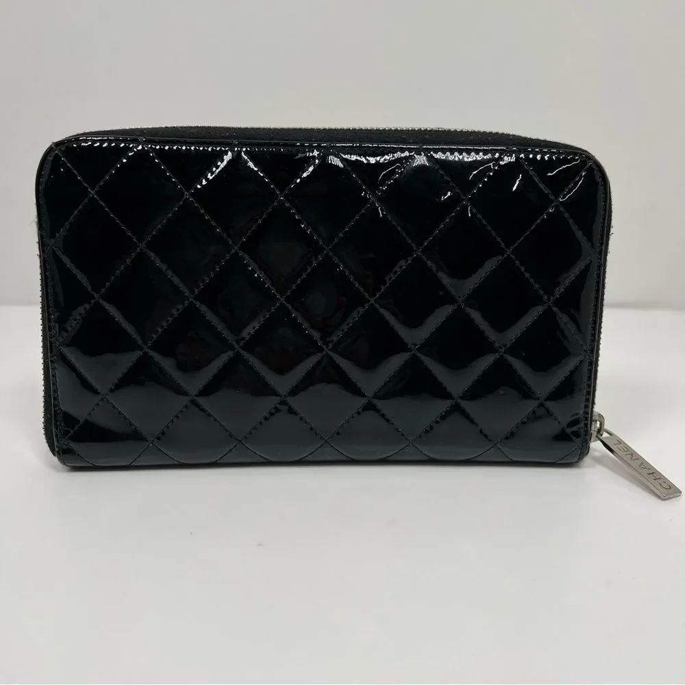 Chanel Quilted Black Patent Leather Zip Around Wallet